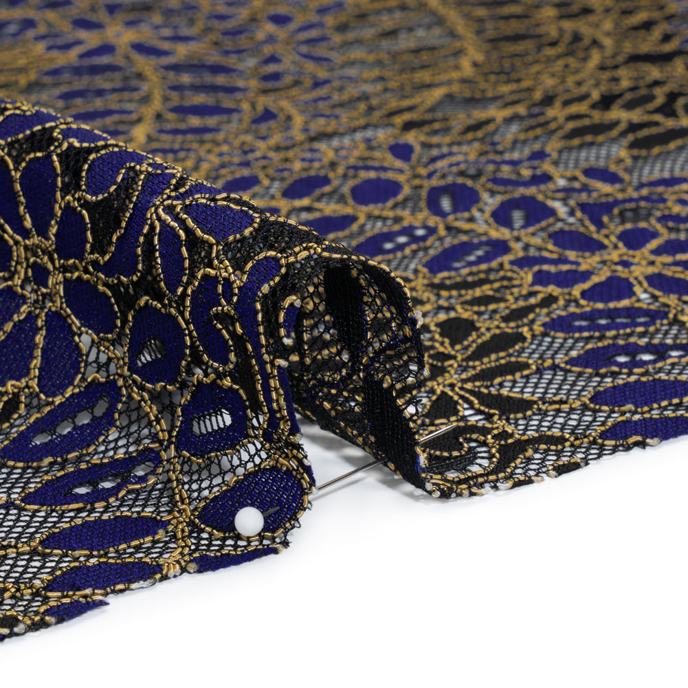 Corded Lace Panel with Finished Edges - Black, Blue and Gold Flowers and Leafy Vines Corded Lace Panel with Finished Edges - Black, Blue and Gold Flowers and Leafy Vines