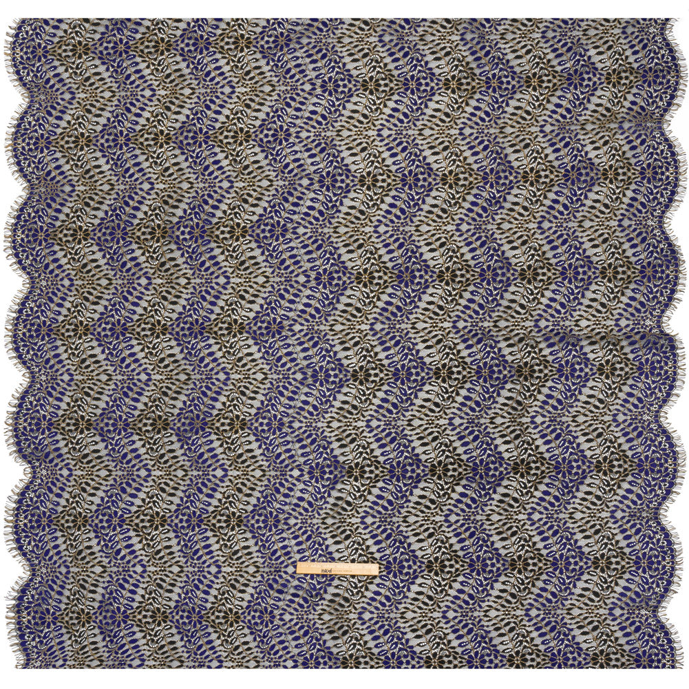 Corded Lace Panel with Finished Edges - Black, Blue and Gold Flowers and Leafy Vines Corded Lace Panel with Finished Edges - Black, Blue and Gold Flowers and Leafy Vines