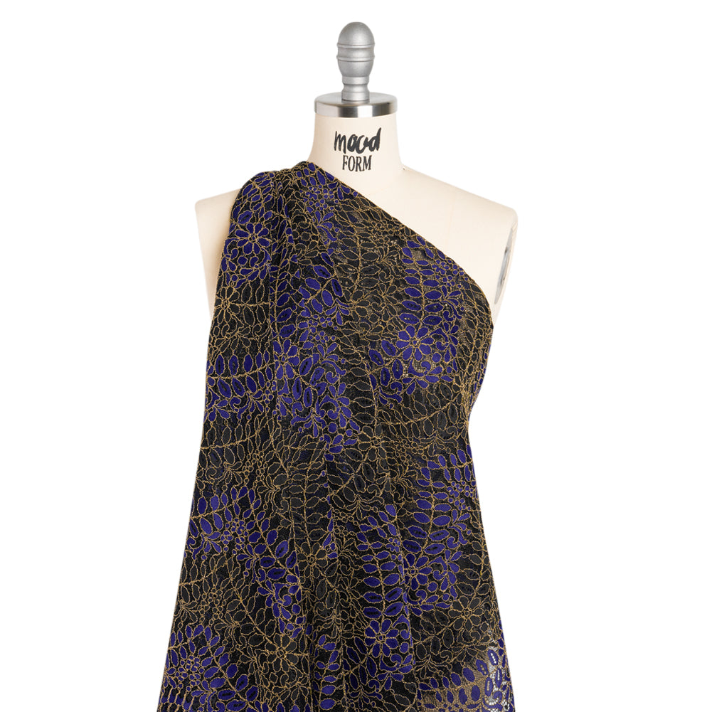 Corded Lace Panel with Finished Edges - Black, Blue and Gold Flowers and Leafy Vines Corded Lace Panel with Finished Edges - Black, Blue and Gold Flowers and Leafy Vines