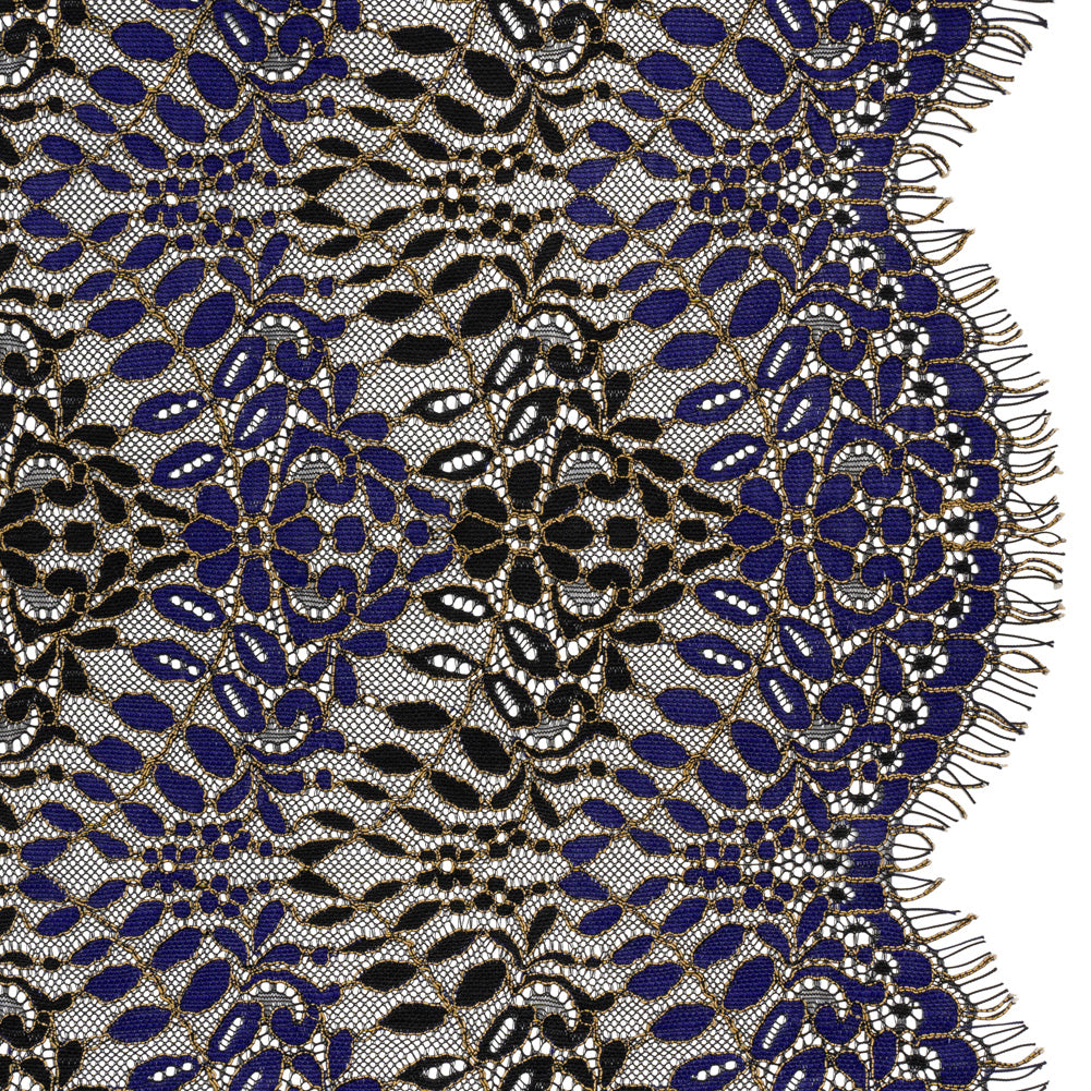 Corded Lace Panel with Finished Edges - Black, Blue and Gold Flowers and Leafy Vines Corded Lace Panel with Finished Edges - Black, Blue and Gold Flowers and Leafy Vines