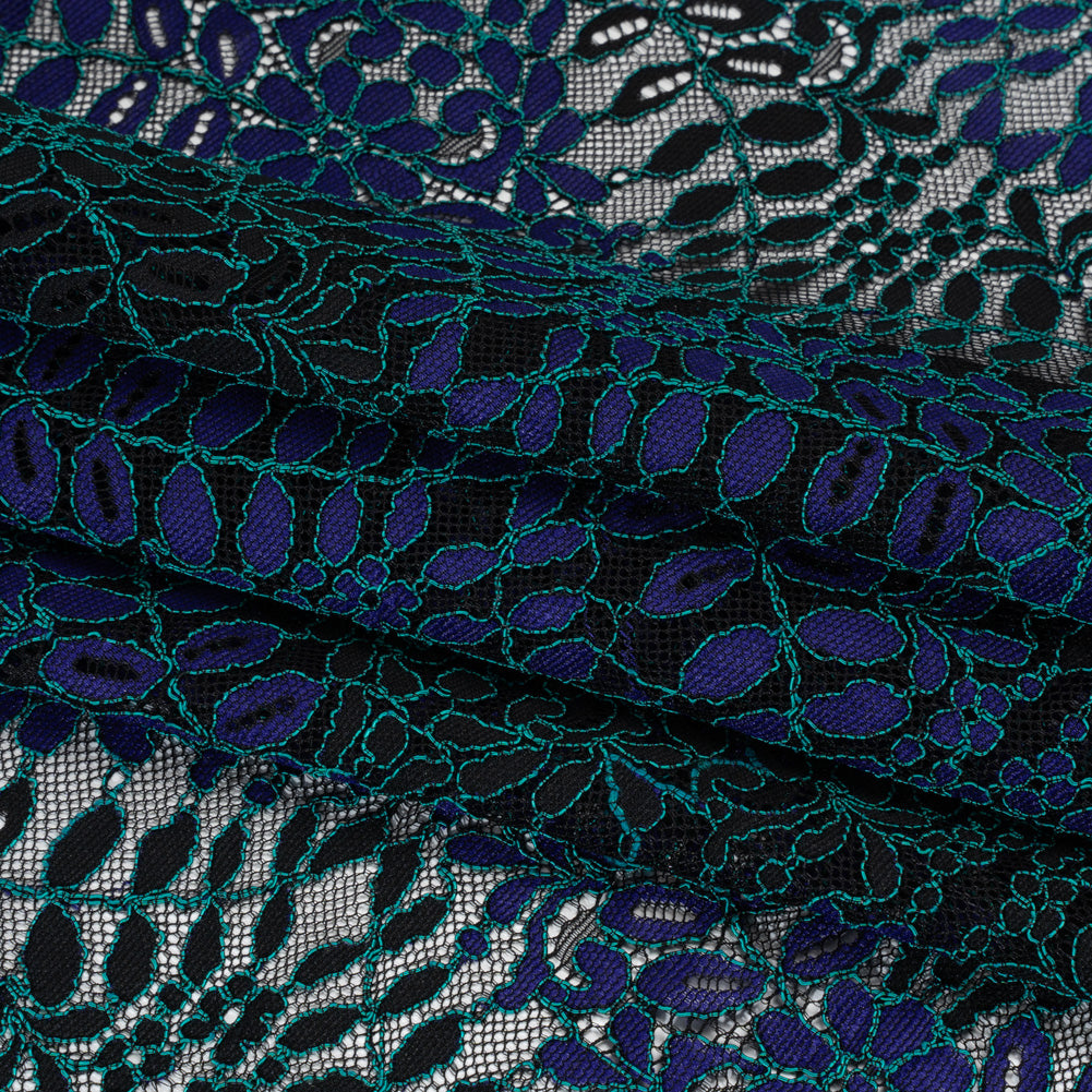 Corded Lace Panel with Finished Edges - Black, Blue and Teal Flowers and Leafy Vines - Folded Corded Lace Panel with Finished Edges - Black, Blue and Teal Flowers and Leafy Vines - Folded