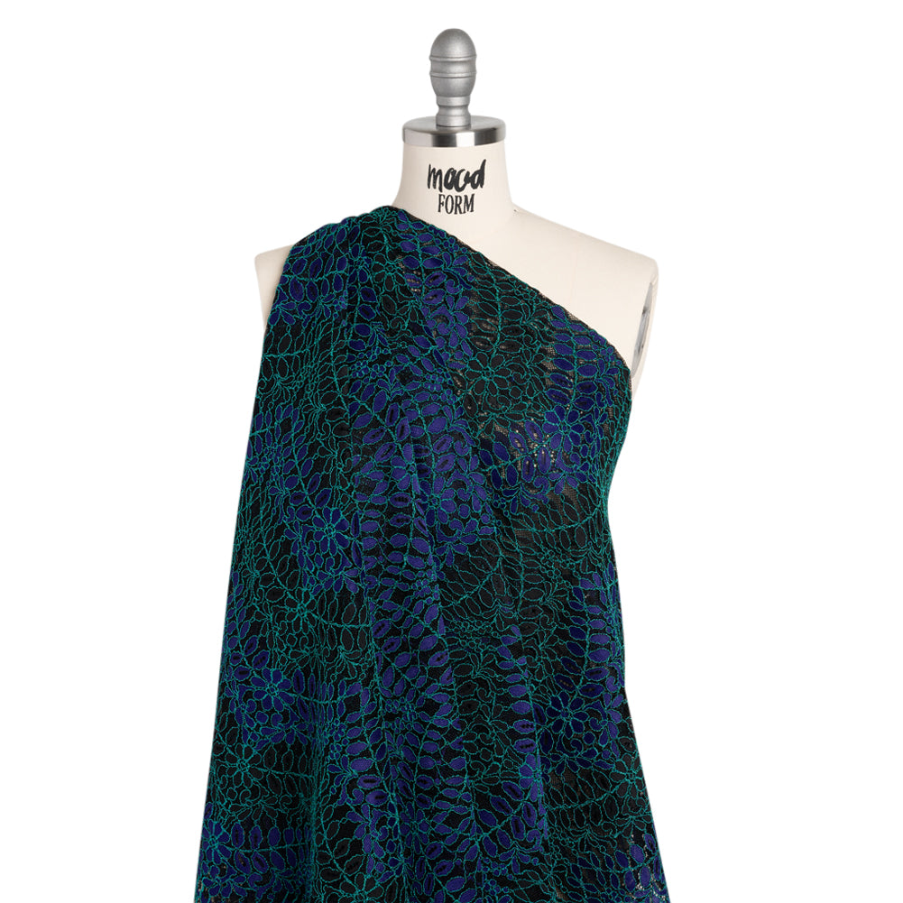 Corded Lace Panel with Finished Edges - Black, Blue and Teal Flowers and Leafy Vines - Drape Corded Lace Panel with Finished Edges - Black, Blue and Teal Flowers and Leafy Vines - Drape