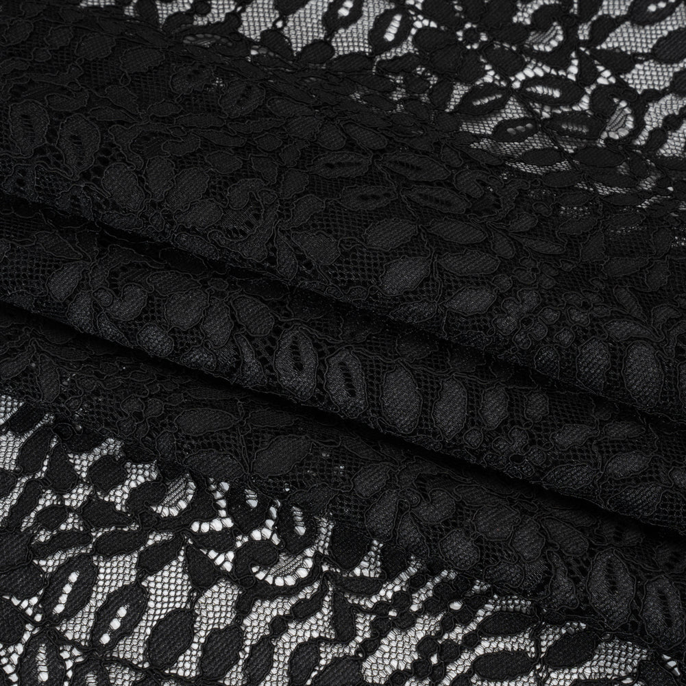 Corded Lace Panel with Finished Edges - Black Flowers and Leafy Vines Corded Lace Panel with Finished Edges - Black Flowers and Leafy Vines