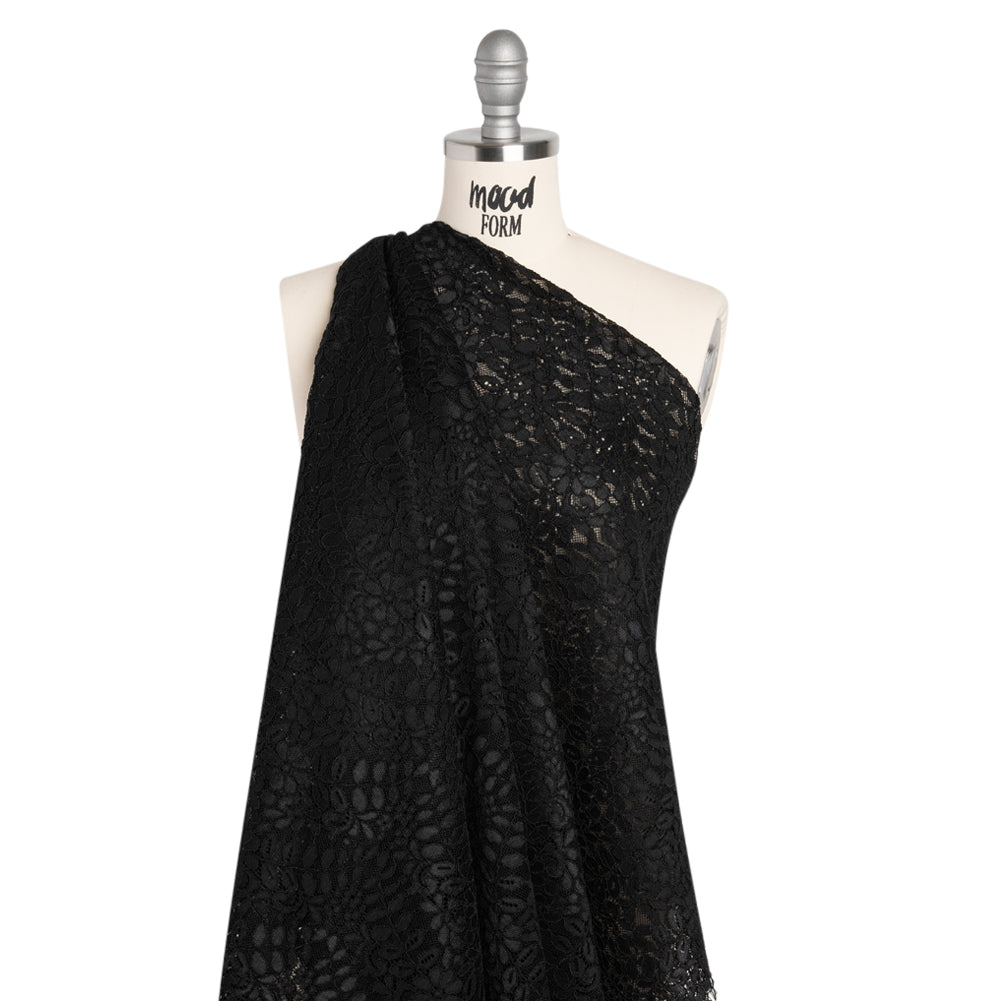 Corded Lace Panel with Finished Edges - Black Flowers and Leafy Vines Corded Lace Panel with Finished Edges - Black Flowers and Leafy Vines