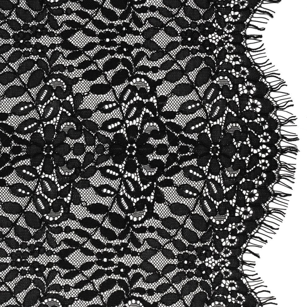 Corded Lace Panel with Finished Edges - Black Flowers and Leafy Vines Corded Lace Panel with Finished Edges - Black Flowers and Leafy Vines