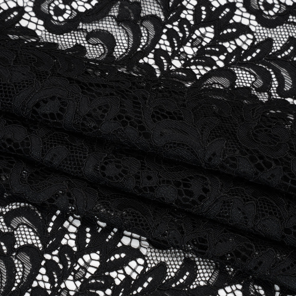 Corded Lace with Scalloped Finished Edges - Black Leafy Vines and Flowers - Folded Corded Lace with Scalloped Finished Edges - Black Leafy Vines and Flowers - Folded