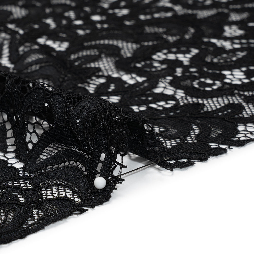 Corded Lace with Scalloped Finished Edges - Black Leafy Vines and Flowers - Detail Corded Lace with Scalloped Finished Edges - Black Leafy Vines and Flowers - Detail