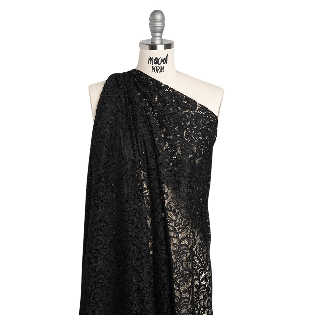 Corded Lace with Scalloped Finished Edges - Black Leafy Vines and Flowers - Drape Corded Lace with Scalloped Finished Edges - Black Leafy Vines and Flowers - Drape