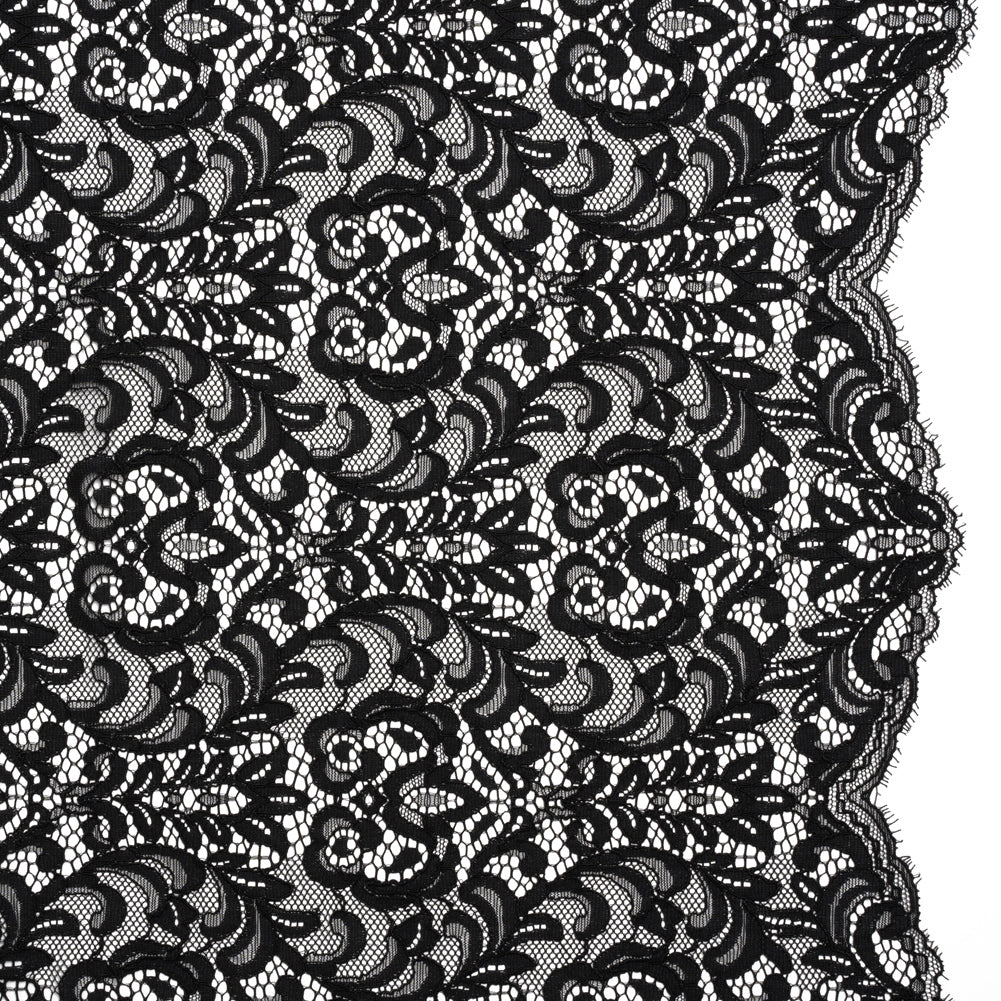Corded Lace with Scalloped Finished Edges - Black Leafy Vines and Flowers Corded Lace with Scalloped Finished Edges - Black Leafy Vines and Flowers