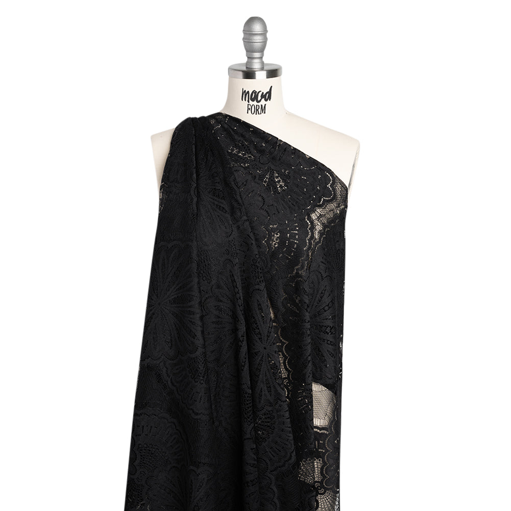 Raschel Lace Panel with Scalloped Finished Edges - Black Floral Medallion Stripes Raschel Lace Panel with Scalloped Finished Edges - Black Floral Medallion Stripes