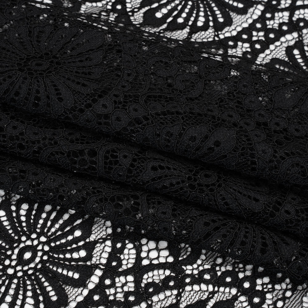 Corded Lace Panel with Scalloped and Fringed Finished Edges - Black Flower Medallions and Abstract Stripes Corded Lace Panel with Scalloped and Fringed Finished Edges - Black Flower Medallions and Abstract Stripes