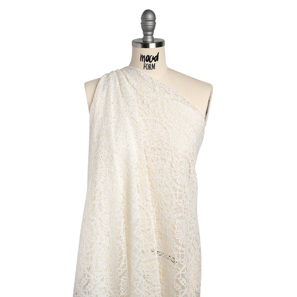 Corded Lace Panel with Scalloped and Fringed Finished Edges - Ivory Flower Medallions and Abstract Stripes Corded Lace Panel with Scalloped and Fringed Finished Edges - Ivory Flower Medallions and Abstract Stripes