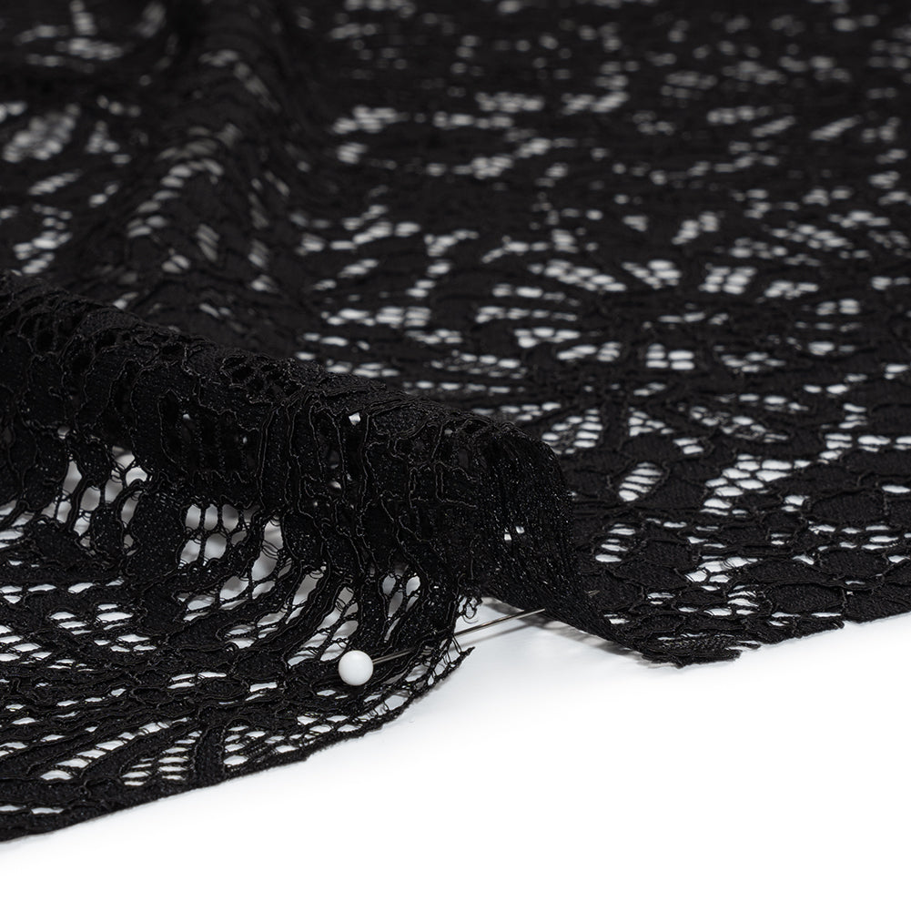 Corded Lace Panel with Finished Latticework Edges - Black Floral - Detail Corded Lace Panel with Finished Latticework Edges - Black Floral - Detail