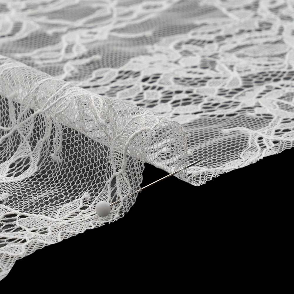 Chantilly Lace with Finished Edges - White PFD Crossing Floral Bands - Detail Chantilly Lace with Finished Edges - White PFD Crossing Floral Bands - Detail