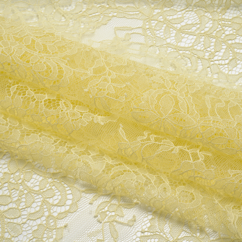 Chantilly Lace Panel with Scalloped Finished Edges - Pale Yellow Flowers and Leaves Chantilly Lace Panel with Scalloped Finished Edges - Pale Yellow Flowers and Leaves