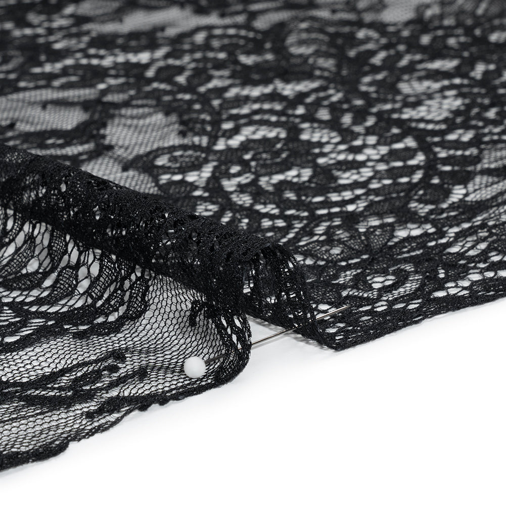 Chantilly Lace Panel with Scalloped Finished Edges - Black Flowers and Leaves - Detail Chantilly Lace Panel with Scalloped Finished Edges - Black Flowers and Leaves - Detail