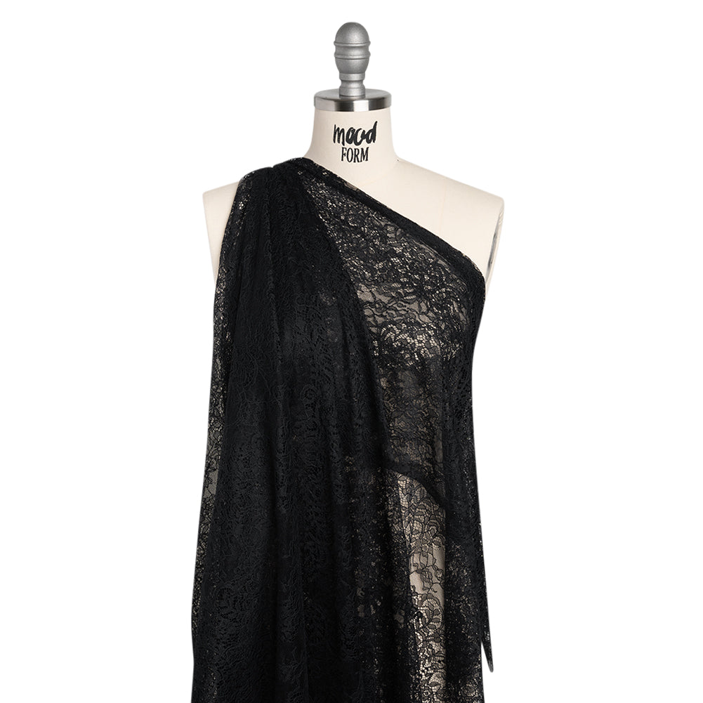 Chantilly Lace Panel with Scalloped Finished Edges - Black Flowers and Leaves - Drape Chantilly Lace Panel with Scalloped Finished Edges - Black Flowers and Leaves - Drape