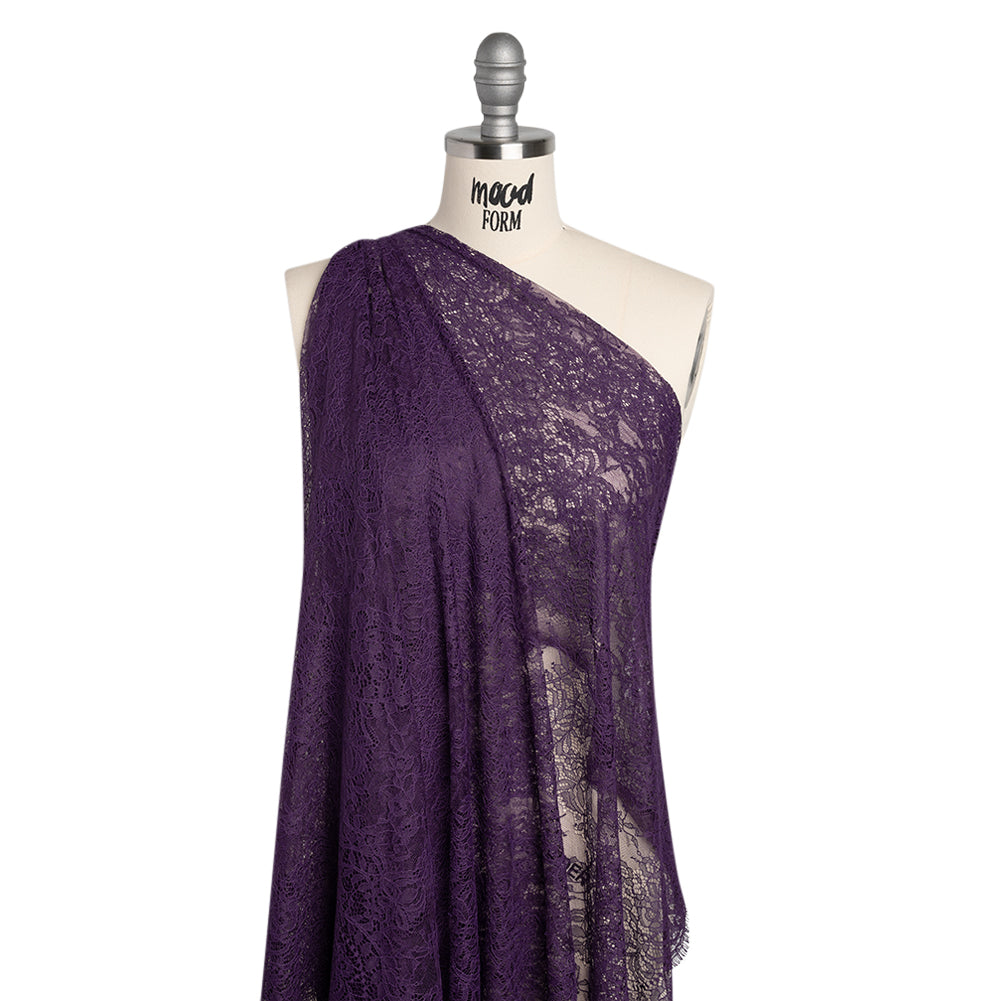 Chantilly Lace Panel with Scalloped Finished Edges - Counterculture Purple Flowers and Leaves - Drape Chantilly Lace Panel with Scalloped Finished Edges - Counterculture Purple Flowers and Leaves - Drape