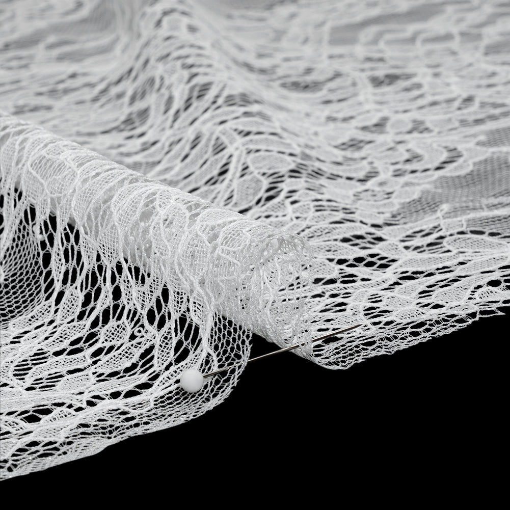 Chantilly Lace Panel with Scalloped Finished Edges - White PFD Flowers and Leaves - Detail Chantilly Lace Panel with Scalloped Finished Edges - White PFD Flowers and Leaves - Detail