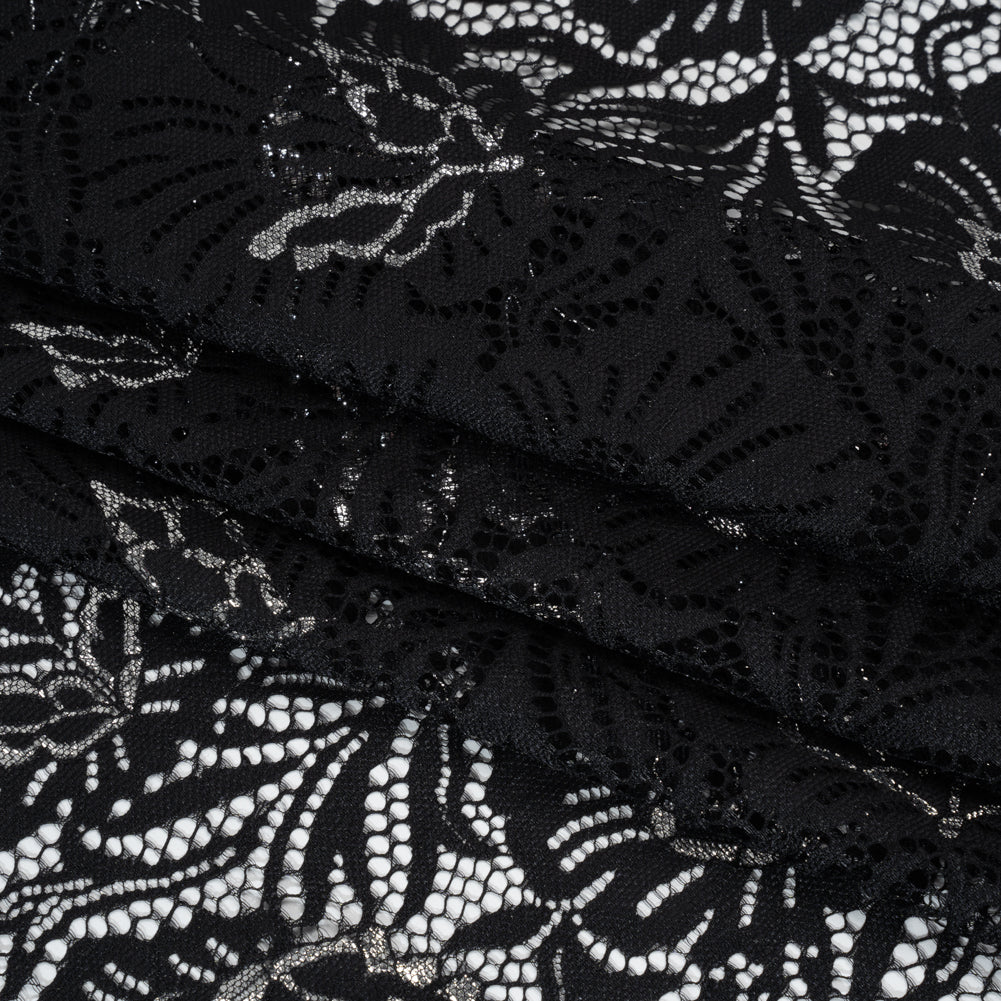Metallic Raschel Lace Panel with Finished Edges - Black and Silver Bold Florals Metallic Raschel Lace Panel with Finished Edges - Black and Silver Bold Florals