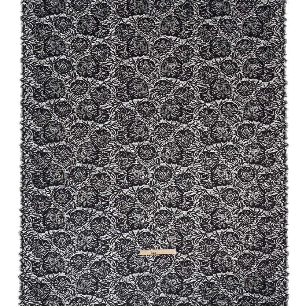 Metallic Raschel Lace Panel with Finished Edges - Black and Silver Bold Florals Metallic Raschel Lace Panel with Finished Edges - Black and Silver Bold Florals