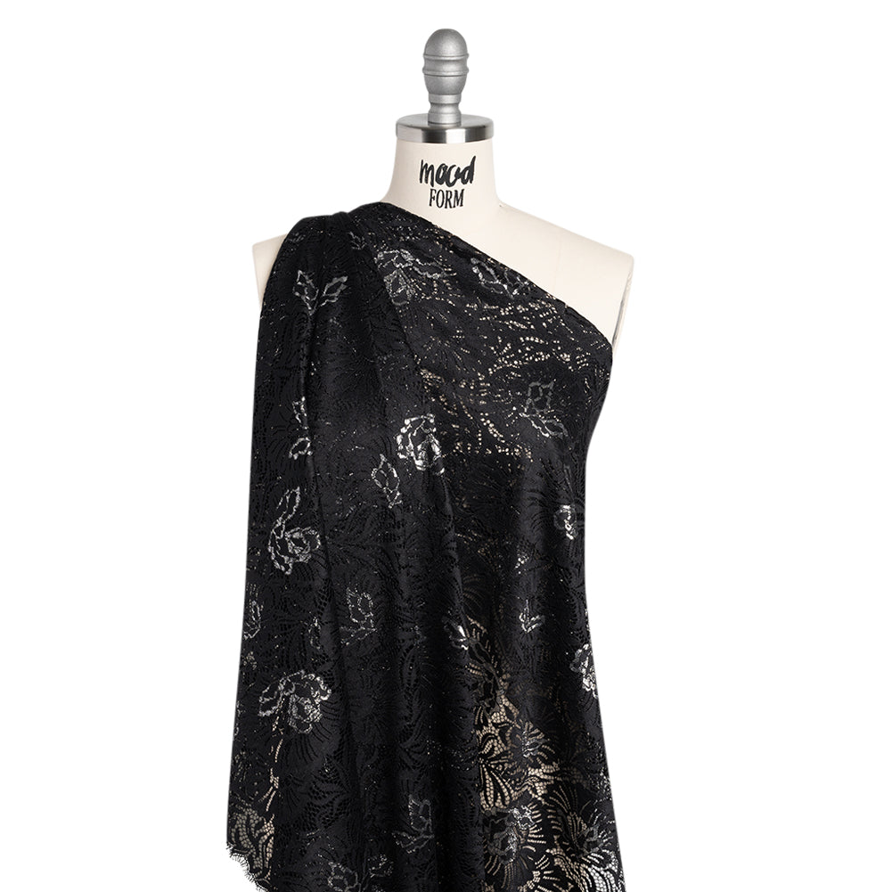 Metallic Raschel Lace Panel with Finished Edges - Black and Silver Bold Florals Metallic Raschel Lace Panel with Finished Edges - Black and Silver Bold Florals