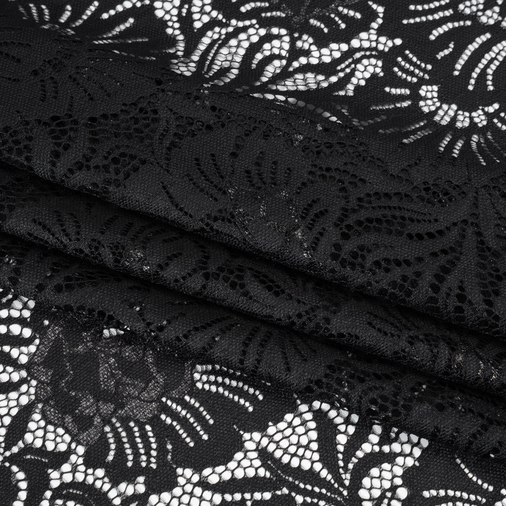 Metallic Raschel Lace Panel with Finished Edges - Black and Black Bold Florals - Folded Metallic Raschel Lace Panel with Finished Edges - Black and Black Bold Florals - Folded