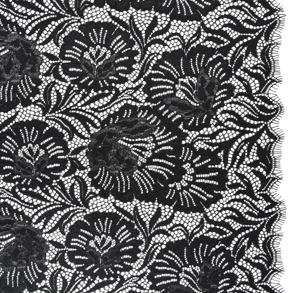 Metallic Raschel Lace Panel with Finished Edges - Black and Black Bold Florals Metallic Raschel Lace Panel with Finished Edges - Black and Black Bold Florals