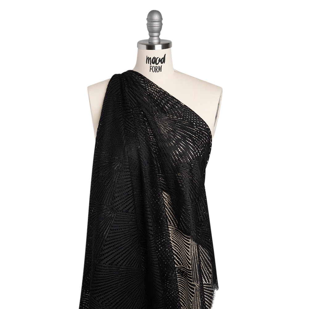 Raschel Lace Panel with Finished Scalloped Edges - Deep Black Fans Raschel Lace Panel with Finished Scalloped Edges - Deep Black Fans