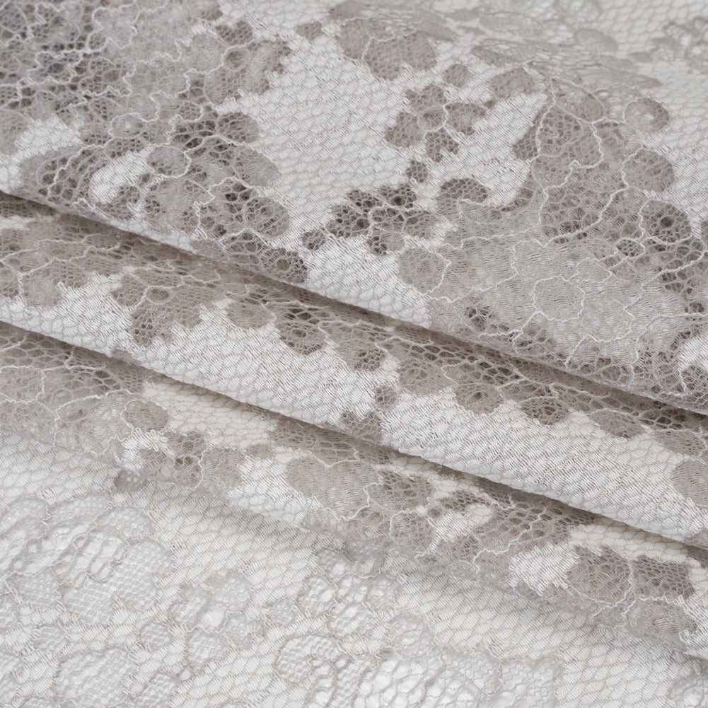 Raschel Lace Panel with Finished Edges - Silver and White Ornate Leafy Chevrons Raschel Lace Panel with Finished Edges - Silver and White Ornate Leafy Chevrons