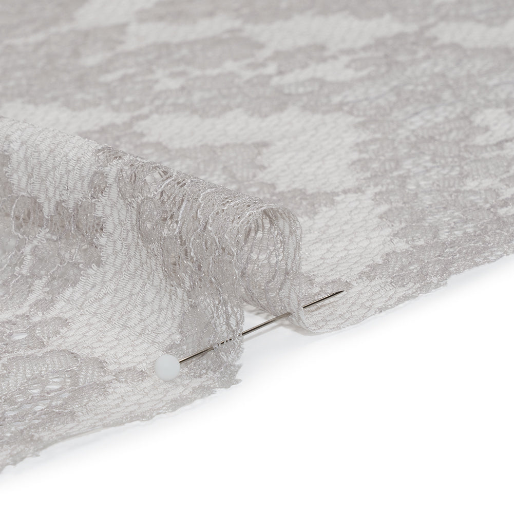 Raschel Lace Panel with Finished Edges - Silver and White Ornate Leafy Chevrons Raschel Lace Panel with Finished Edges - Silver and White Ornate Leafy Chevrons