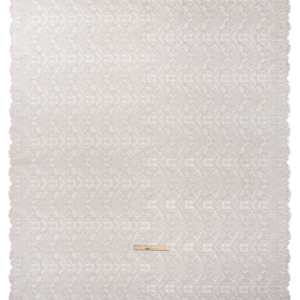 Raschel Lace Panel with Finished Edges - Silver and White Ornate Leafy Chevrons Raschel Lace Panel with Finished Edges - Silver and White Ornate Leafy Chevrons