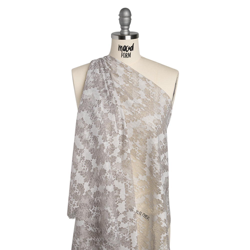 Raschel Lace Panel with Finished Edges - Silver and White Ornate Leafy Chevrons Raschel Lace Panel with Finished Edges - Silver and White Ornate Leafy Chevrons