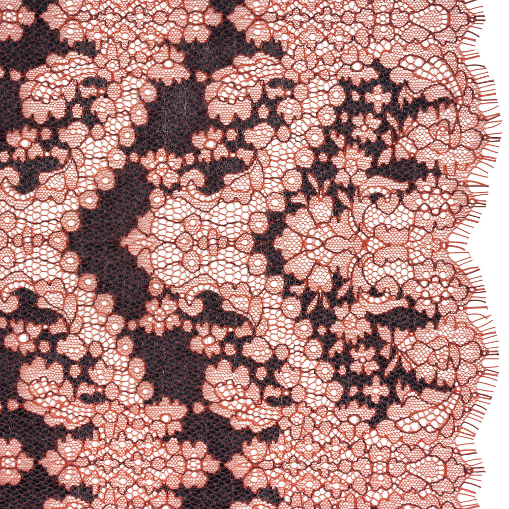 Raschel Lace Panel with Finished Edges - Mineral Red and Black Ornate Leafy Chevrons Raschel Lace Panel with Finished Edges - Mineral Red and Black Ornate Leafy Chevrons