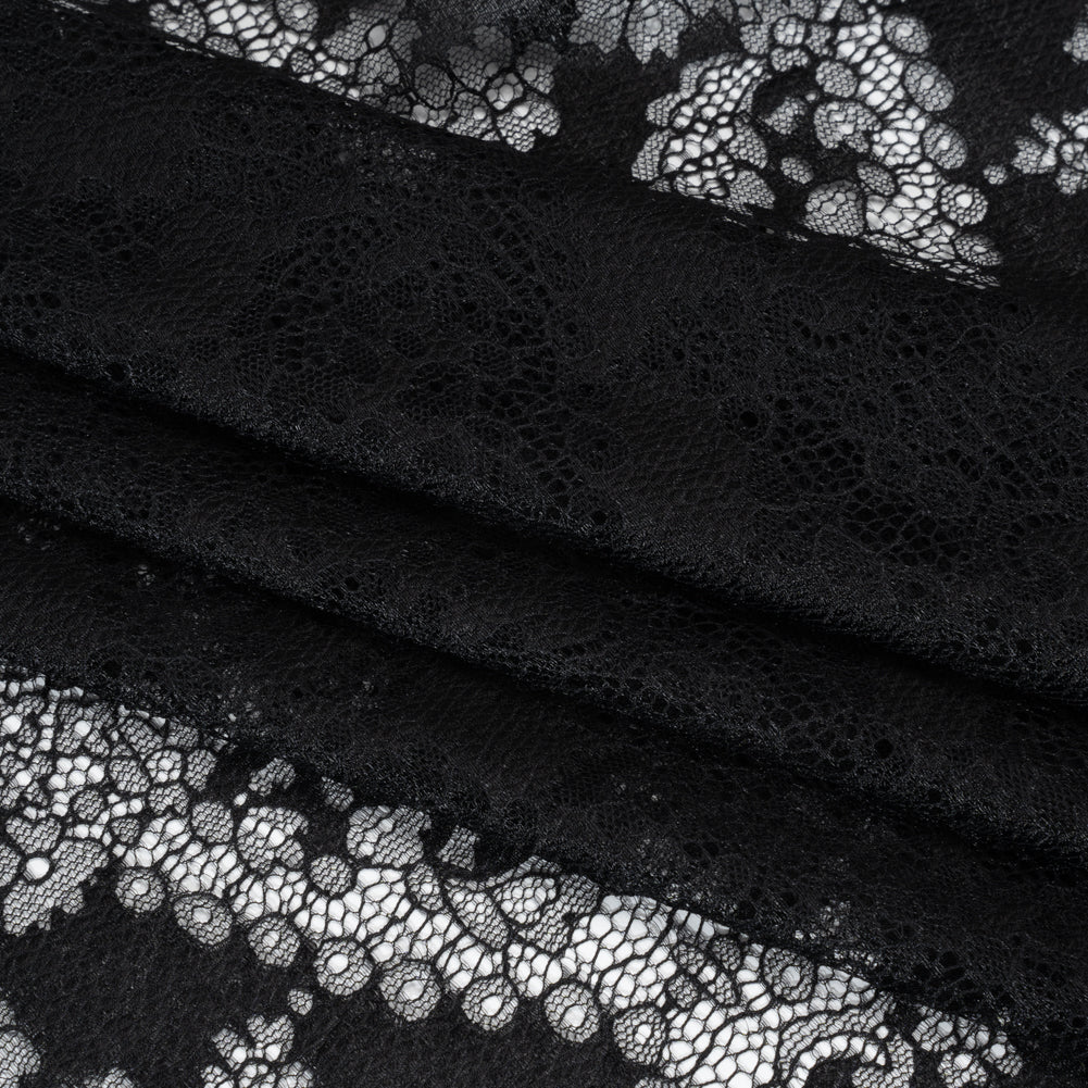 Raschel Lace Panel with Finished Edges - Black Ornate Leafy Chevrons - Folded Raschel Lace Panel with Finished Edges - Black Ornate Leafy Chevrons - Folded
