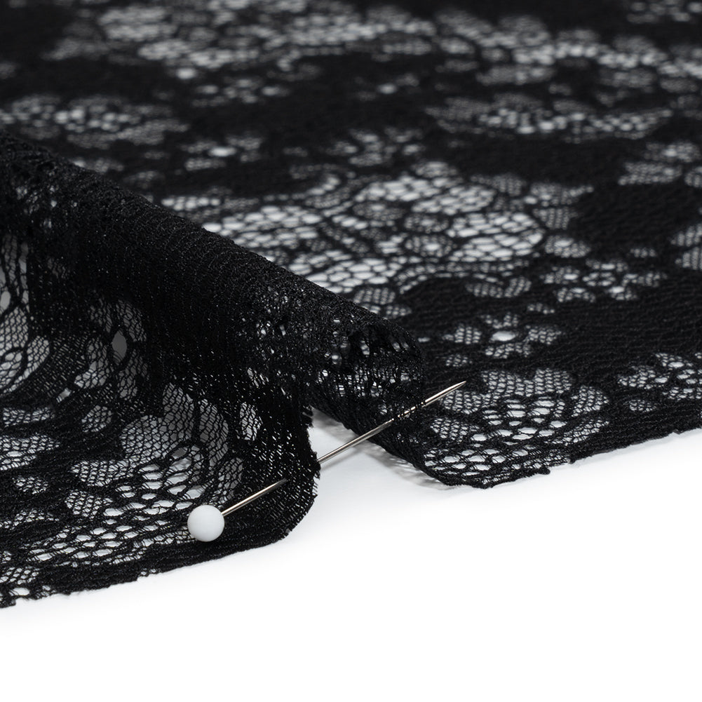 Raschel Lace Panel with Finished Edges - Black Ornate Leafy Chevrons - Detail Raschel Lace Panel with Finished Edges - Black Ornate Leafy Chevrons - Detail