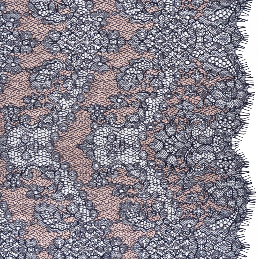 Raschel Lace Panel with Finished Edges - Navy and Baby Pink Ornate Leafy Chevrons Raschel Lace Panel with Finished Edges - Navy and Baby Pink Ornate Leafy Chevrons