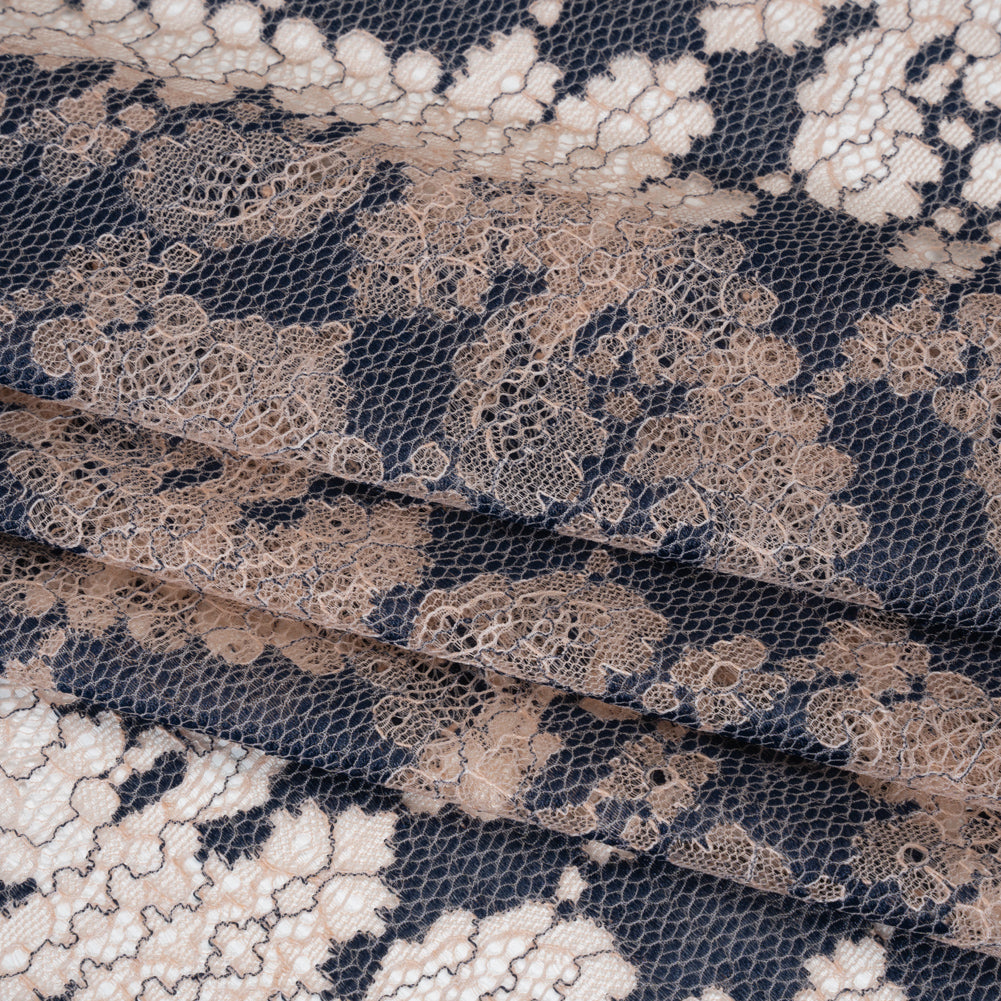 Raschel Lace Panel with Finished Edges - Shell Pink and Navy Ornate Leafy Chevrons Raschel Lace Panel with Finished Edges - Shell Pink and Navy Ornate Leafy Chevrons