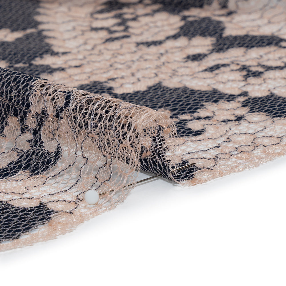 Raschel Lace Panel with Finished Edges - Shell Pink and Navy Ornate Leafy Chevrons Raschel Lace Panel with Finished Edges - Shell Pink and Navy Ornate Leafy Chevrons