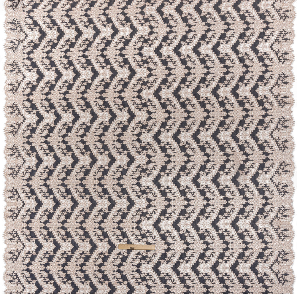 Raschel Lace Panel with Finished Edges - Shell Pink and Navy Ornate Leafy Chevrons Raschel Lace Panel with Finished Edges - Shell Pink and Navy Ornate Leafy Chevrons