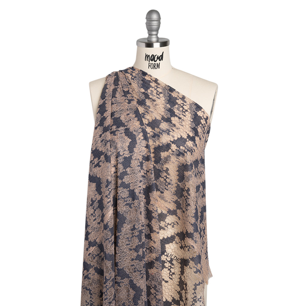 Raschel Lace Panel with Finished Edges - Shell Pink and Navy Ornate Leafy Chevrons Raschel Lace Panel with Finished Edges - Shell Pink and Navy Ornate Leafy Chevrons