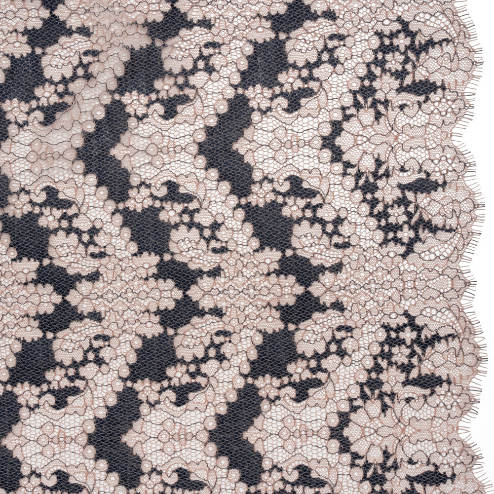 Raschel Lace Panel with Finished Edges - Shell Pink and Navy Ornate Leafy Chevrons Raschel Lace Panel with Finished Edges - Shell Pink and Navy Ornate Leafy Chevrons