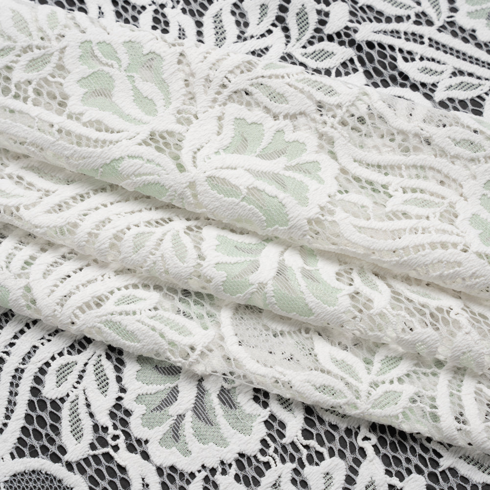 Re-Embroidered Stretch Lace with Finished Edges - Ivory and Dusty Aqua Blossom Trios and Leaves - Tatiana Collection - Folded Re-Embroidered Stretch Lace with Finished Edges - Ivory and Dusty Aqua Blossom Trios and Leaves - Tatiana Collection - Folded
