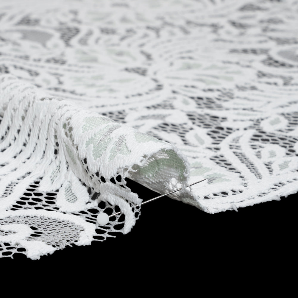 Re-Embroidered Stretch Lace with Finished Edges - Ivory and Dusty Aqua Blossom Trios and Leaves - Tatiana Collection - Detail Re-Embroidered Stretch Lace with Finished Edges - Ivory and Dusty Aqua Blossom Trios and Leaves - Tatiana Collection - Detail