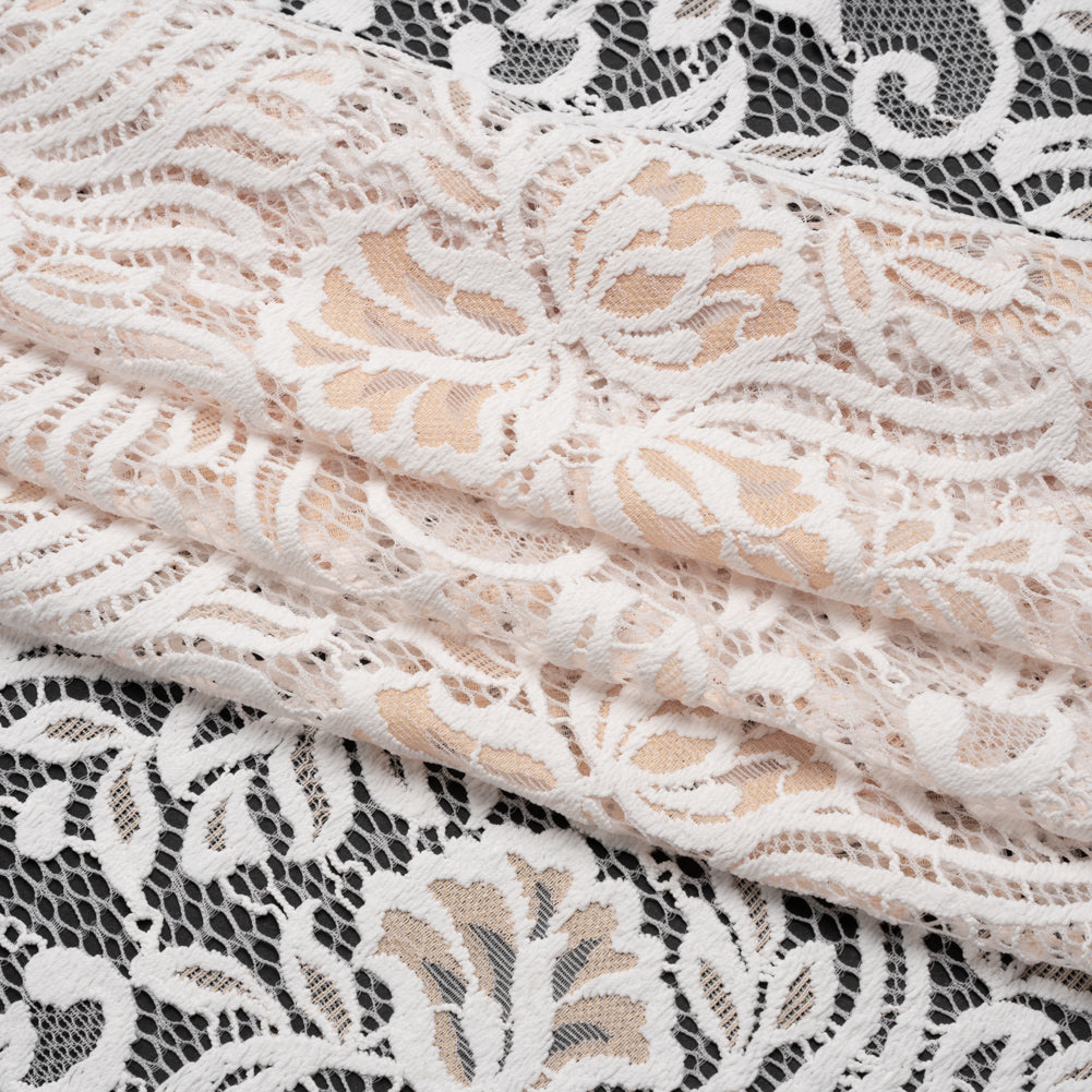 Re-Embroidered Stretch Lace with Finished Edges - Ivory and Appleblossom Beige Blossom Trios and Leaves - Tatiana Collection - Folded Re-Embroidered Stretch Lace with Finished Edges - Ivory and Appleblossom Beige Blossom Trios and Leaves - Tatiana Collection - Folded