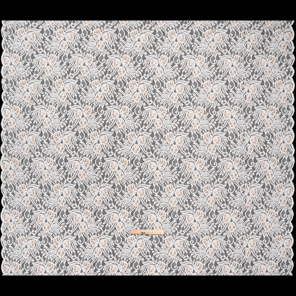 Re-Embroidered Stretch Lace with Finished Edges - Ivory and Appleblossom Beige Blossom Trios and Leaves - Tatiana Collection - Full Re-Embroidered Stretch Lace with Finished Edges - Ivory and Appleblossom Beige Blossom Trios and Leaves - Tatiana Collection - Full