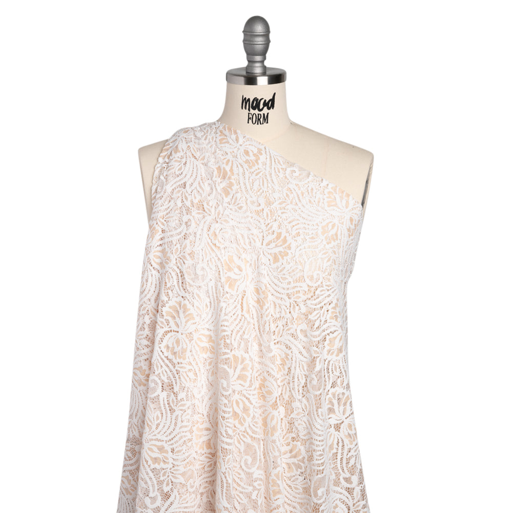Re-Embroidered Stretch Lace with Finished Edges - Ivory and Appleblossom Beige Blossom Trios and Leaves - Tatiana Collection - Drape Re-Embroidered Stretch Lace with Finished Edges - Ivory and Appleblossom Beige Blossom Trios and Leaves - Tatiana Collection - Drape