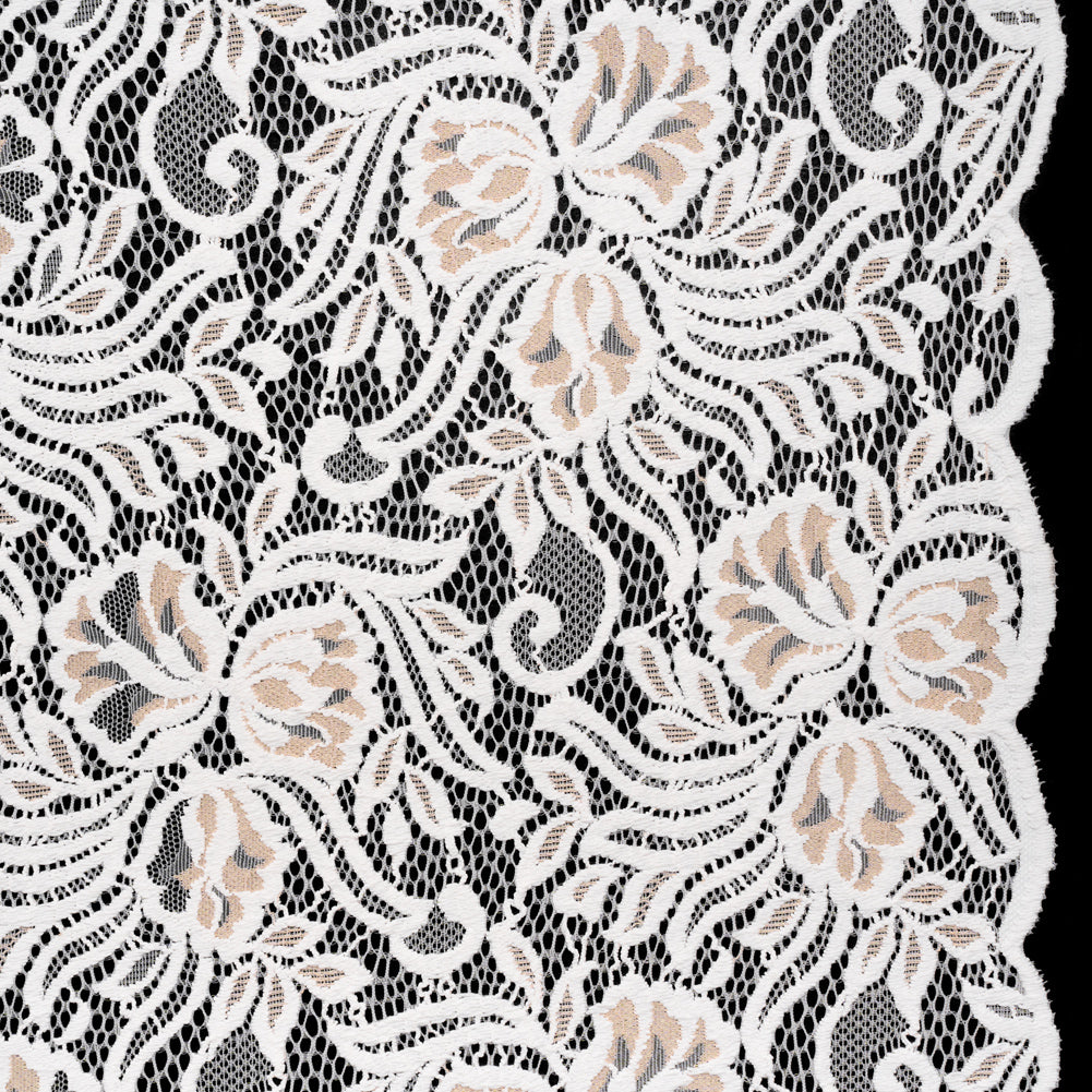 Re-Embroidered Stretch Lace with Finished Edges - Ivory and Appleblossom Beige Blossom Trios and Leaves - Tatiana Collection Re-Embroidered Stretch Lace with Finished Edges - Ivory and Appleblossom Beige Blossom Trios and Leaves - Tatiana Collection