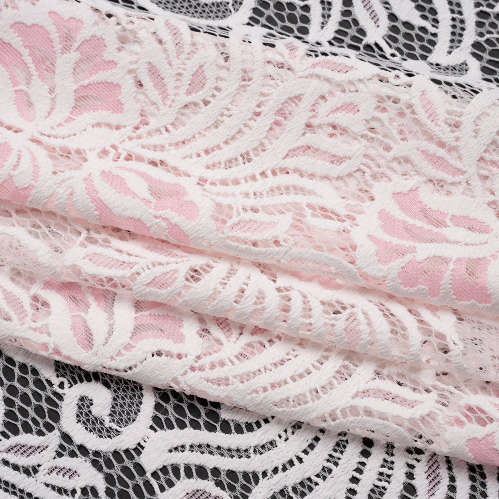 Re-Embroidered Stretch Lace with Finished Edges - Ivory and Roseate Pink Blossom Trios and Leaves - Tatiana Collection Re-Embroidered Stretch Lace with Finished Edges - Ivory and Roseate Pink Blossom Trios and Leaves - Tatiana Collection
