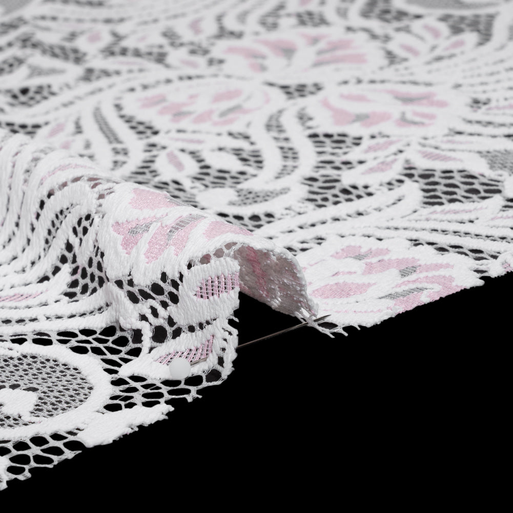 Re-Embroidered Stretch Lace with Finished Edges - Ivory and Roseate Pink Blossom Trios and Leaves - Tatiana Collection Re-Embroidered Stretch Lace with Finished Edges - Ivory and Roseate Pink Blossom Trios and Leaves - Tatiana Collection
